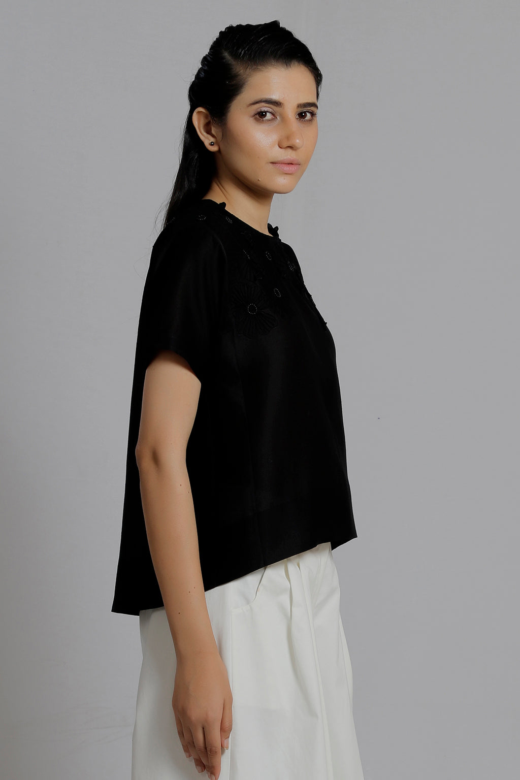 Embroidered Black Woven Tee - Dhi