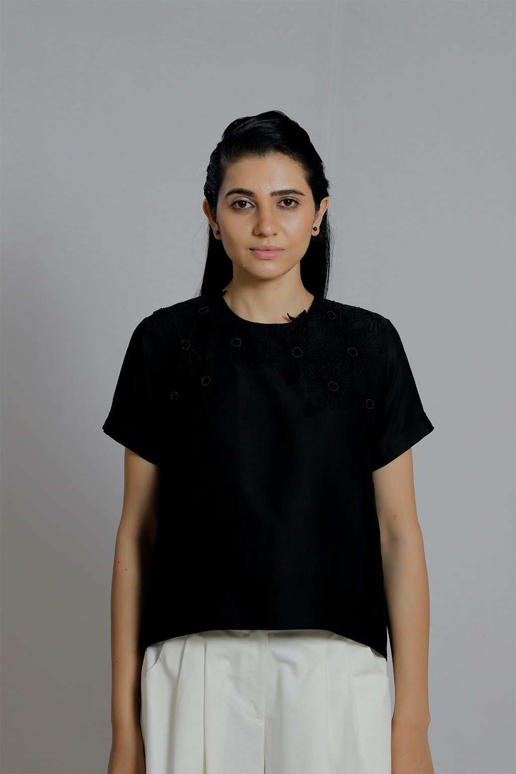 Embroidered Black Woven Tee - Dhi