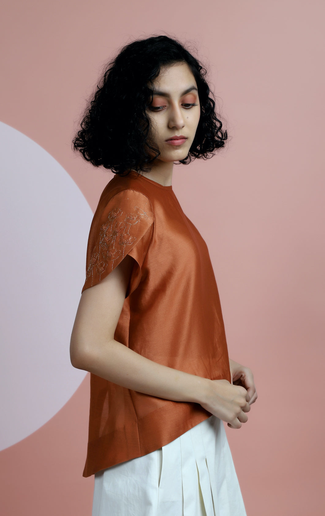 Embroidered Petal Sleeve Woven Tee - Dhi